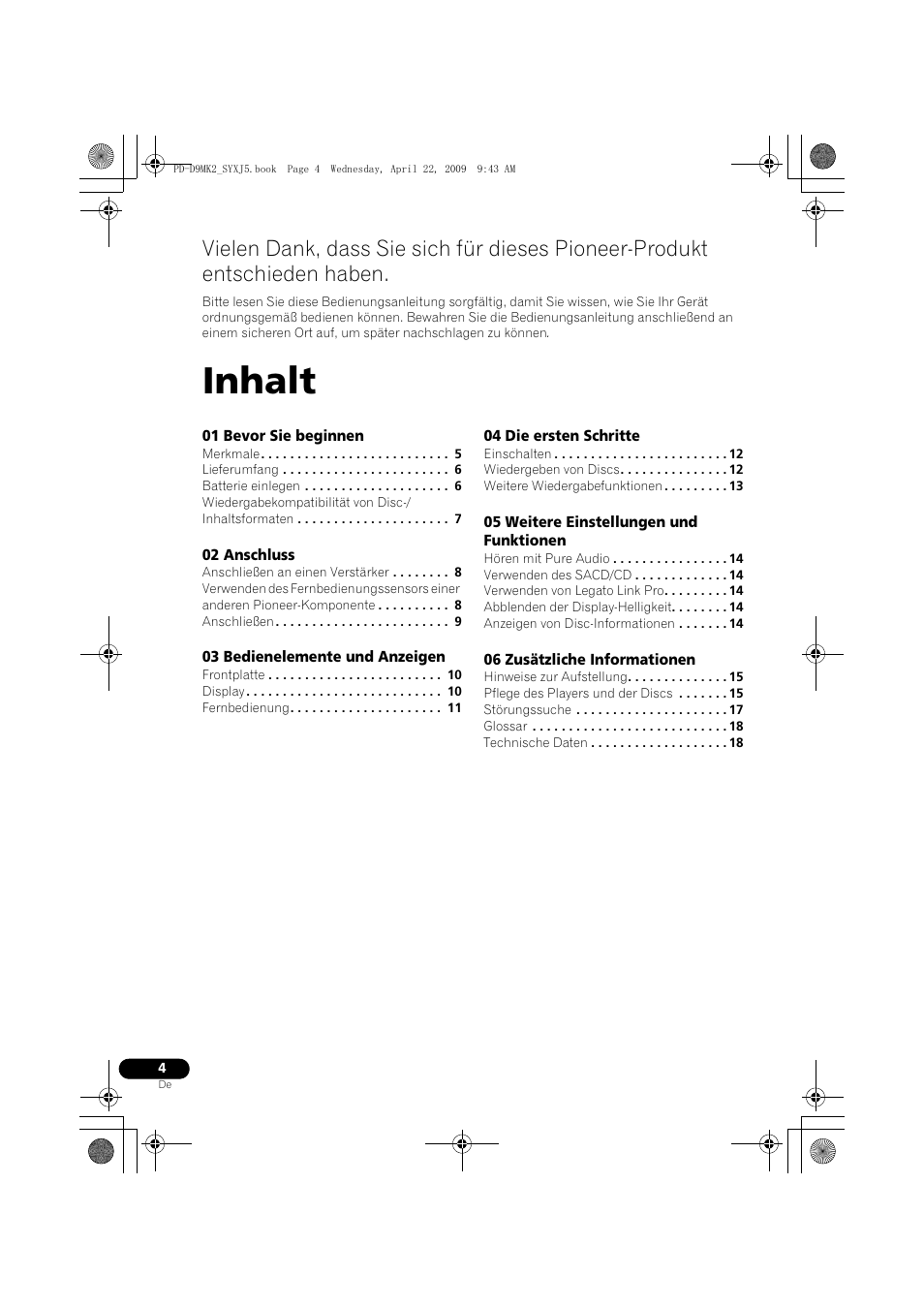 Super audio cd-spieler, Ungsanleitung, Inhalt | Pioneer PD-D9MK2-K User Manual | Page 40 / 128