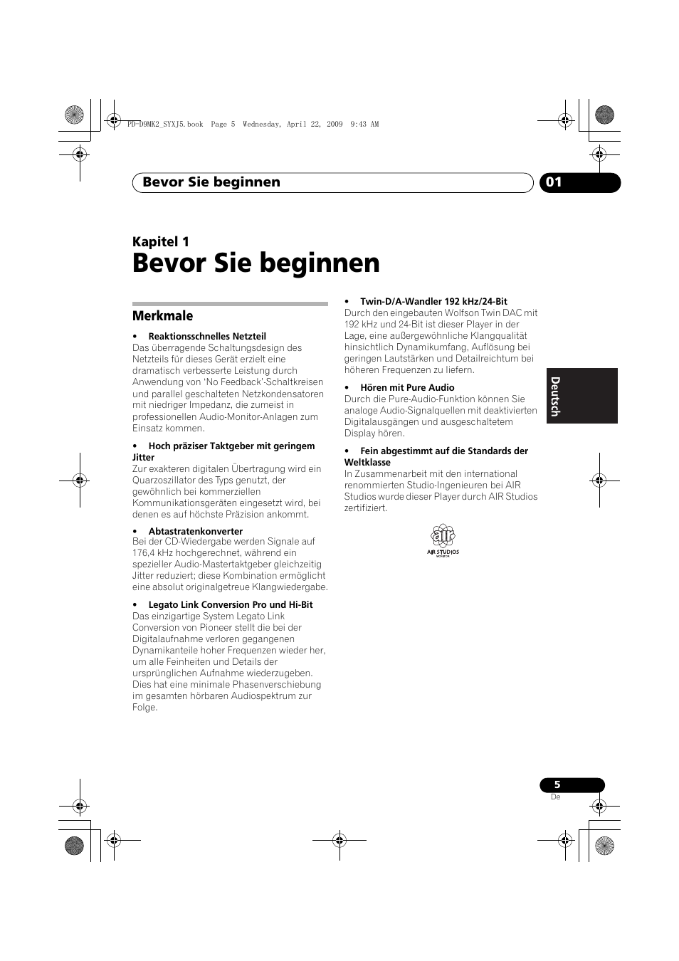 Merkmale, Bevor sie beginnen, Bevor sie beginnen 01 | Kapitel 1 | Pioneer PD-D9MK2-K User Manual | Page 41 / 128