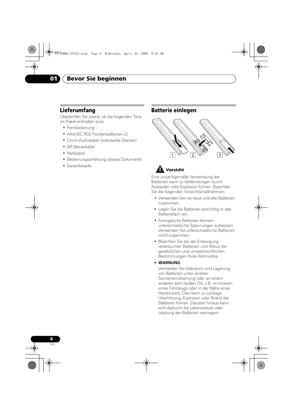 Lieferumfang, Batterie einlegen, Bevor sie beginnen 01 | Pioneer PD-D9MK2-K User Manual | Page 42 / 128
