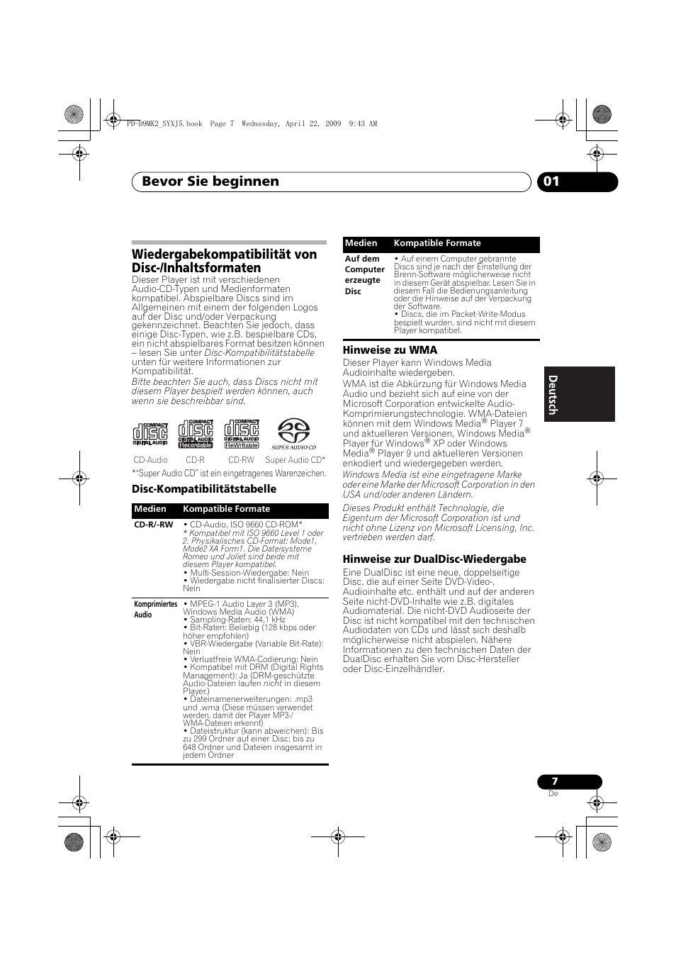 Bevor sie beginnen 01, Wiedergabekompatibilität von disc-/inhaltsformaten | Pioneer PD-D9MK2-K User Manual | Page 43 / 128