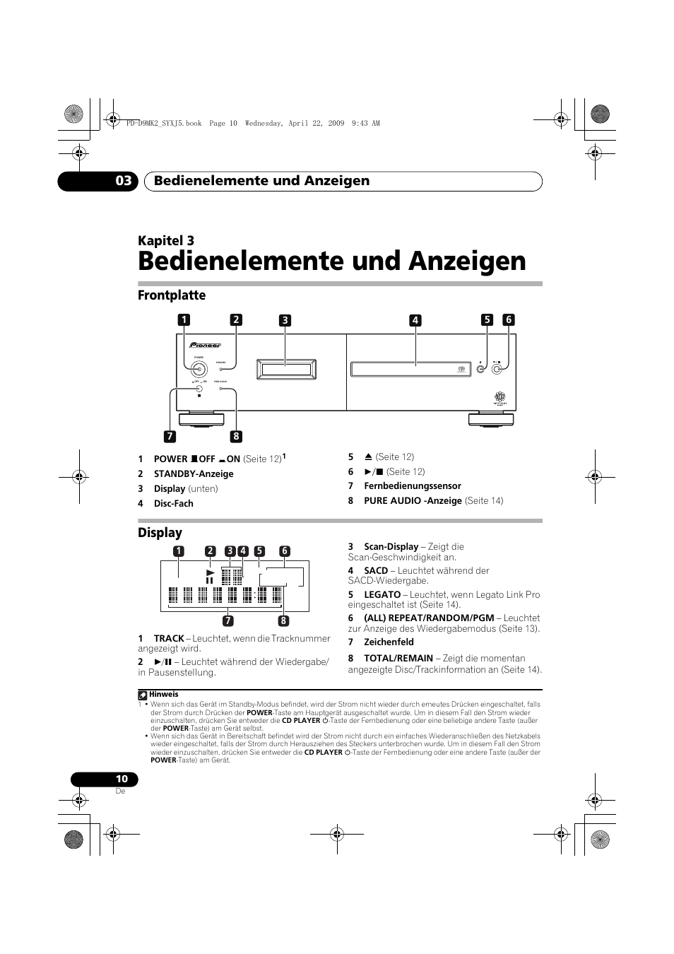 Frontplatte, Display, Bedienelemente und anzeigen | Bedienelemente und anzeigen 03, Kapitel 3 | Pioneer PD-D9MK2-K User Manual | Page 46 / 128
