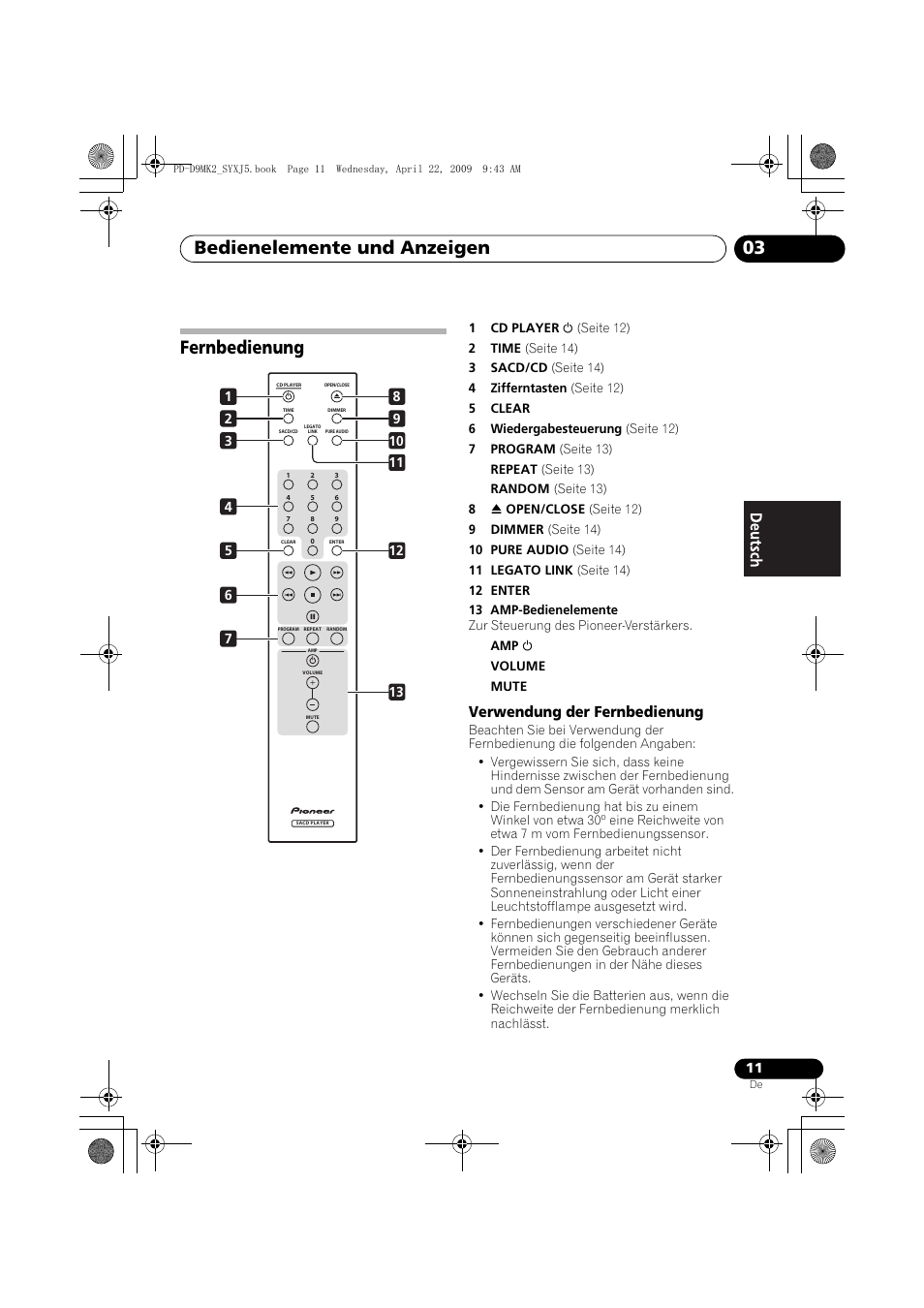 Fernbedienung, Bedienelemente und anzeigen 03, Verwendung der fernbedienung | Pioneer PD-D9MK2-K User Manual | Page 47 / 128