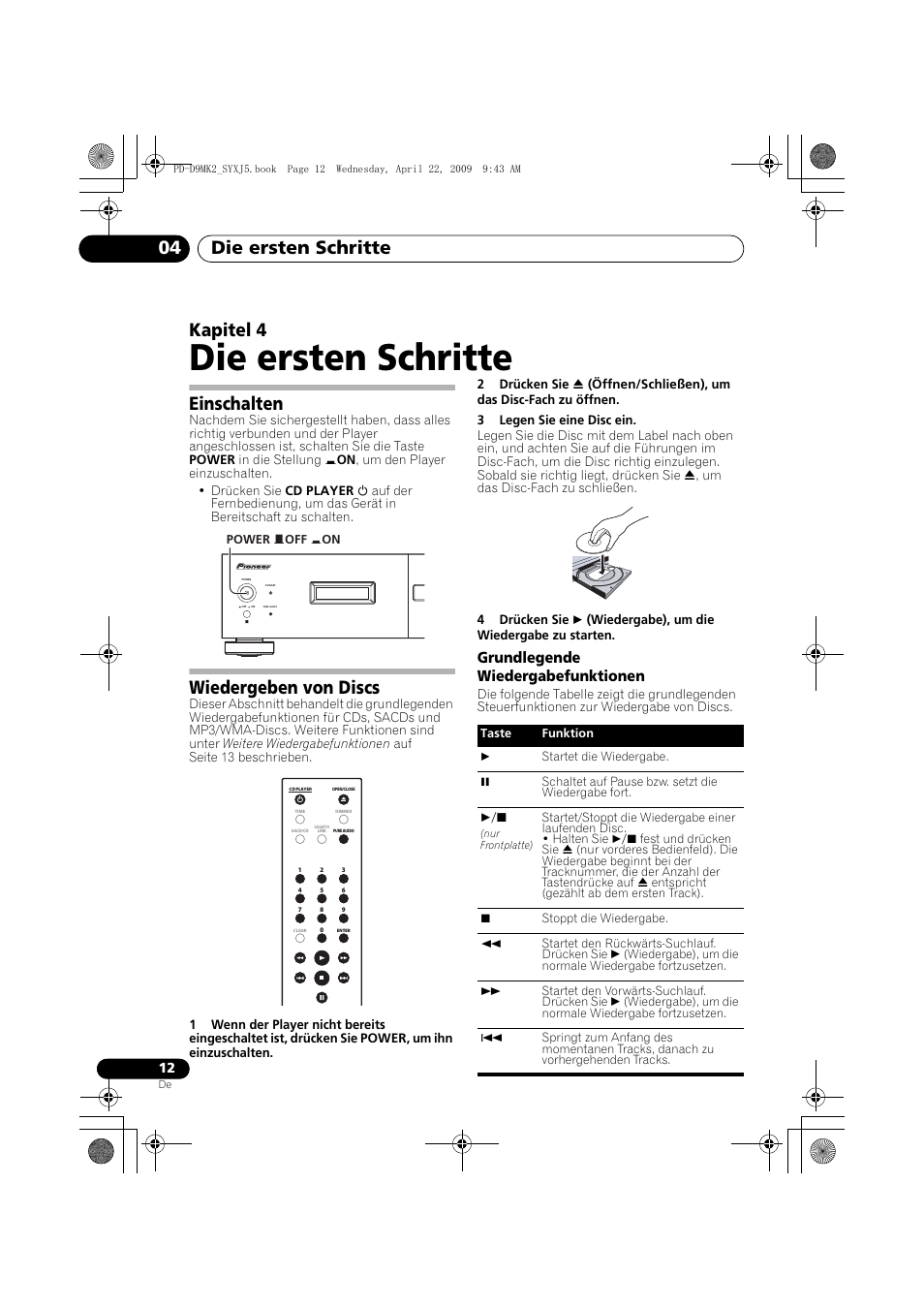 Einschalten, Wiedergeben von discs, Seite 12) | Ng (seite 12), Die ersten schritte, Die ersten schritte 04, Kapitel 4, Grundlegende wiedergabefunktionen | Pioneer PD-D9MK2-K User Manual | Page 48 / 128