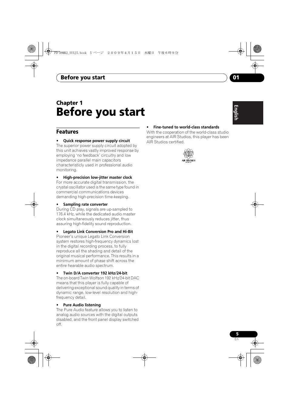 Features, Before you start, Before you start 01 | Chapter 1 | Pioneer PD-D9MK2-K User Manual | Page 5 / 128