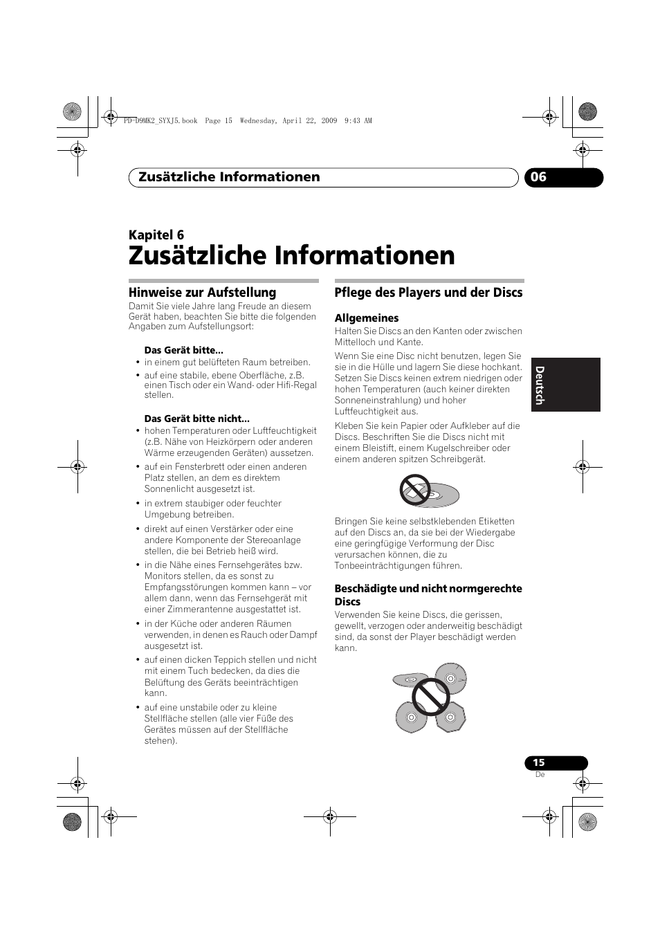 Hinweise zur aufstellung, Pflege des players und der discs, Zusätzliche informationen | Zusätzliche informationen 06, Kapitel 6 | Pioneer PD-D9MK2-K User Manual | Page 51 / 128