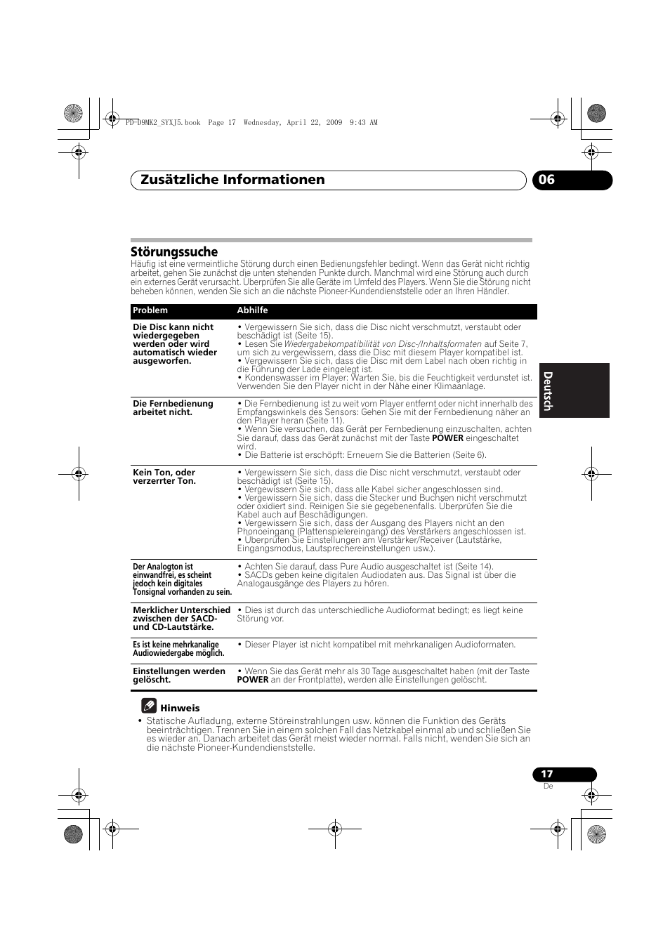 Störungssuche, Zusätzliche informationen 06 | Pioneer PD-D9MK2-K User Manual | Page 53 / 128