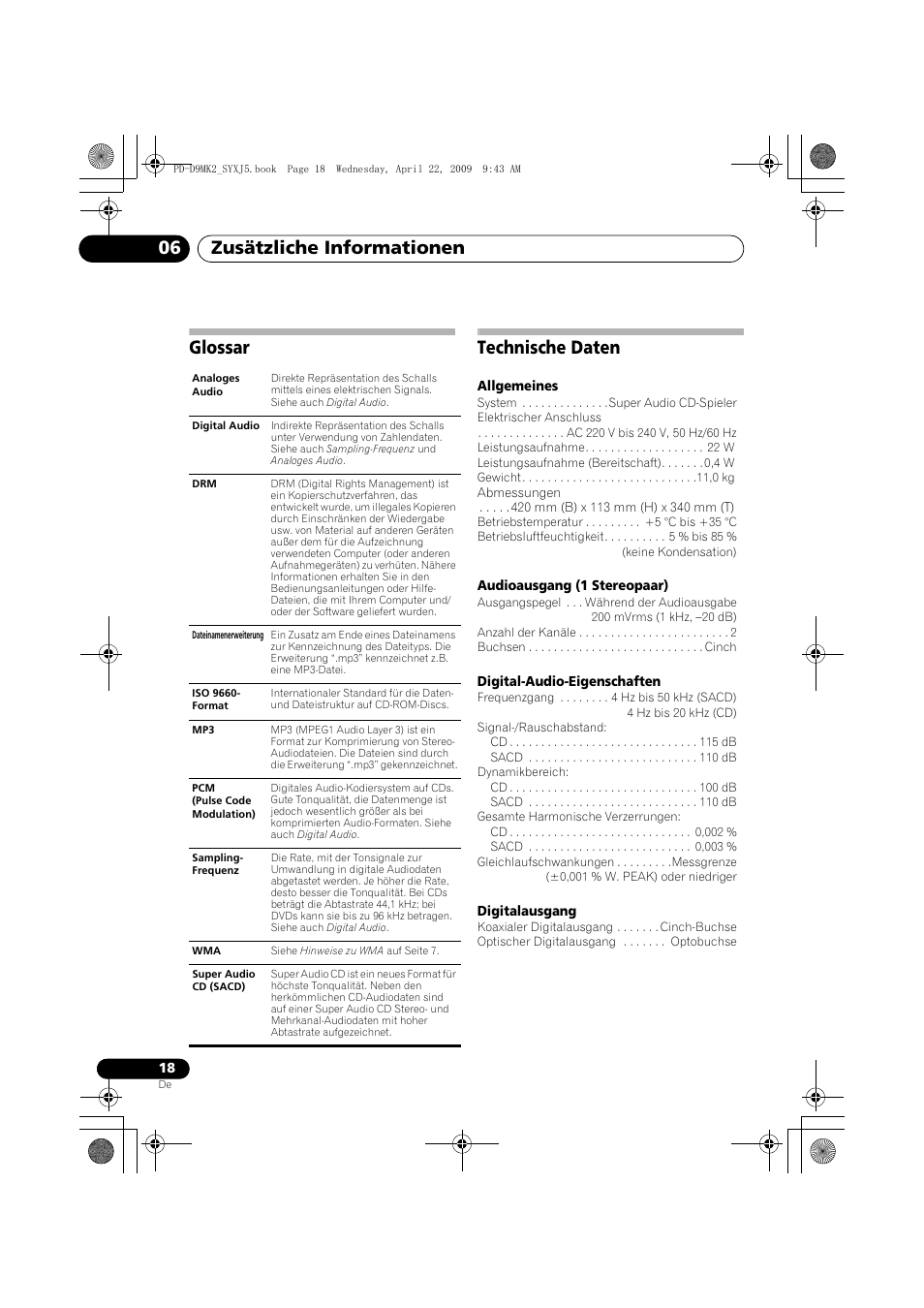 Glossar, Technische daten, Zusätzliche informationen 06 | Glossar technische daten | Pioneer PD-D9MK2-K User Manual | Page 54 / 128