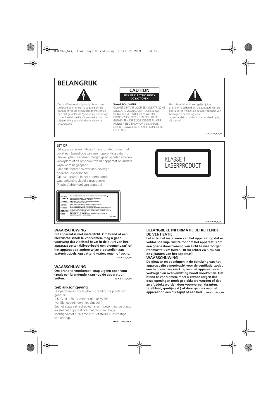 Belangrijk, Klasse 1 laserproduct, Caution | Pioneer PD-D9MK2-K User Manual | Page 56 / 128
