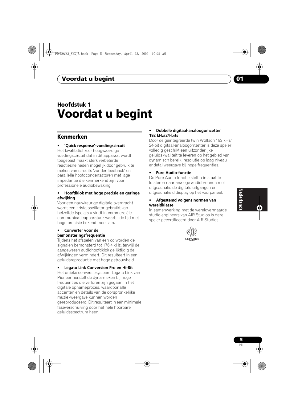 Kenmerken, Voordat u begint, Voordat u begint 01 | Hoofdstuk 1 | Pioneer PD-D9MK2-K User Manual | Page 59 / 128