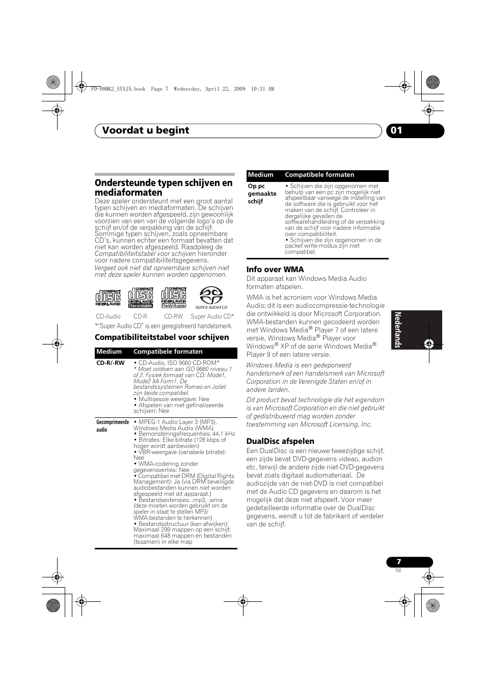 Ondersteunde typen schijven en mediaformaten, Voordat u begint 01 | Pioneer PD-D9MK2-K User Manual | Page 61 / 128