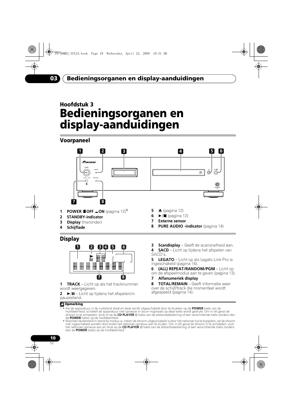 Voorpaneel, Display, Bedieningsorganen en display-aanduidingen | Bedieningsorganen en display-aanduidingen 03, Hoofdstuk 3 | Pioneer PD-D9MK2-K User Manual | Page 64 / 128