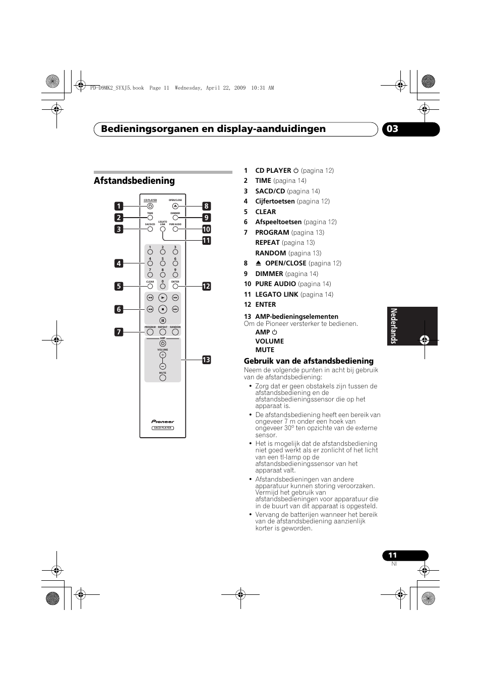 Afstandsbediening, Bedieningsorganen en display-aanduidingen 03, Gebruik van de afstandsbediening | Pioneer PD-D9MK2-K User Manual | Page 65 / 128