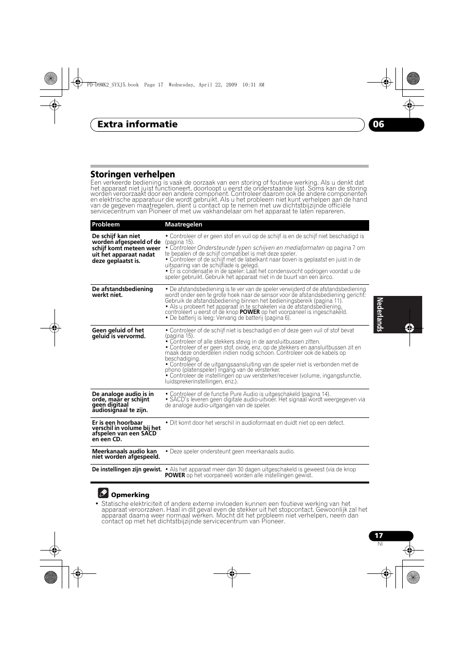Storingen verhelpen, Extra informatie 06 | Pioneer PD-D9MK2-K User Manual | Page 71 / 128