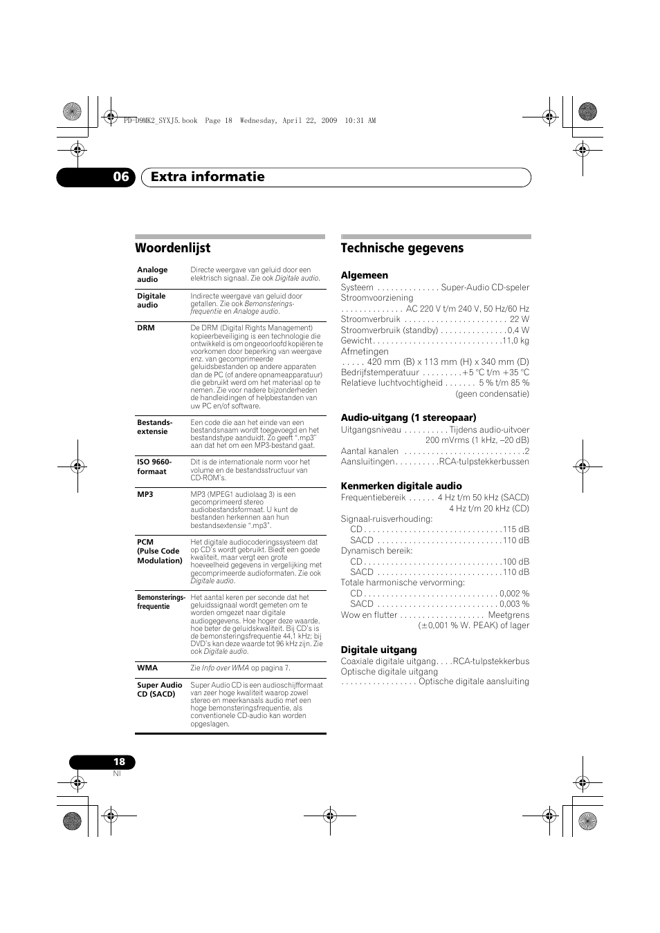 Woordenlijst, Technische gegevens, Extra informatie 06 | Woordenlijst technische gegevens | Pioneer PD-D9MK2-K User Manual | Page 72 / 128