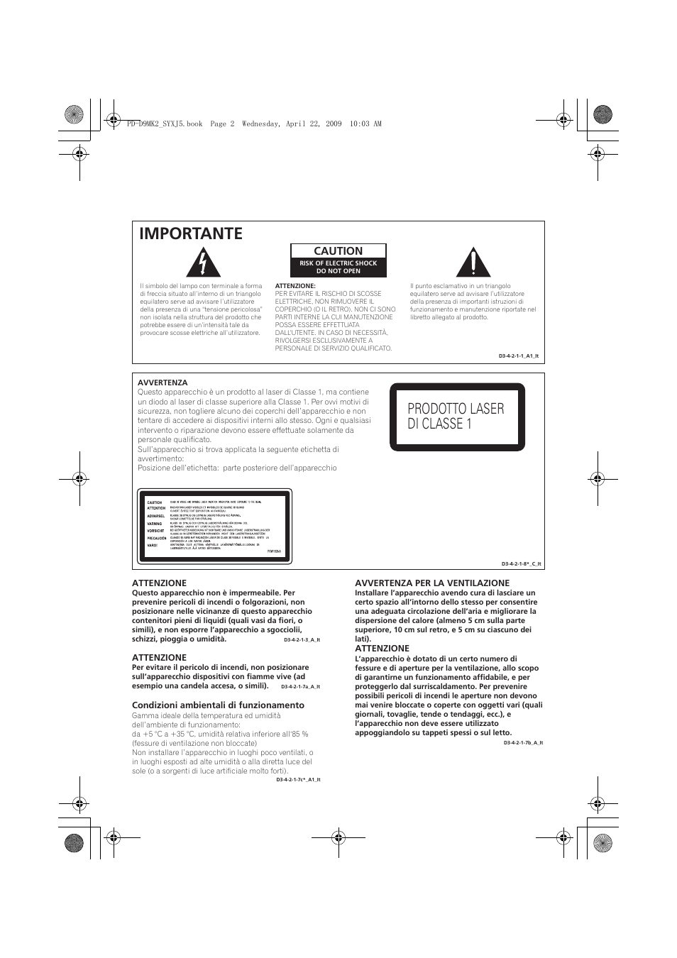 Importante, Prodotto laser di classe 1, Caution | Pioneer PD-D9MK2-K User Manual | Page 74 / 128
