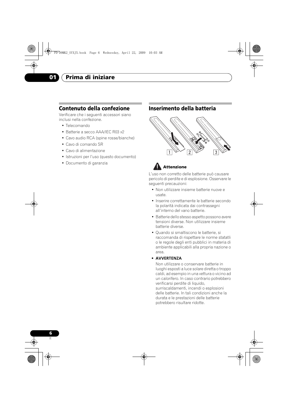Contenuto della confezione, Inserimento della batteria, Prima di iniziare 01 | Pioneer PD-D9MK2-K User Manual | Page 78 / 128
