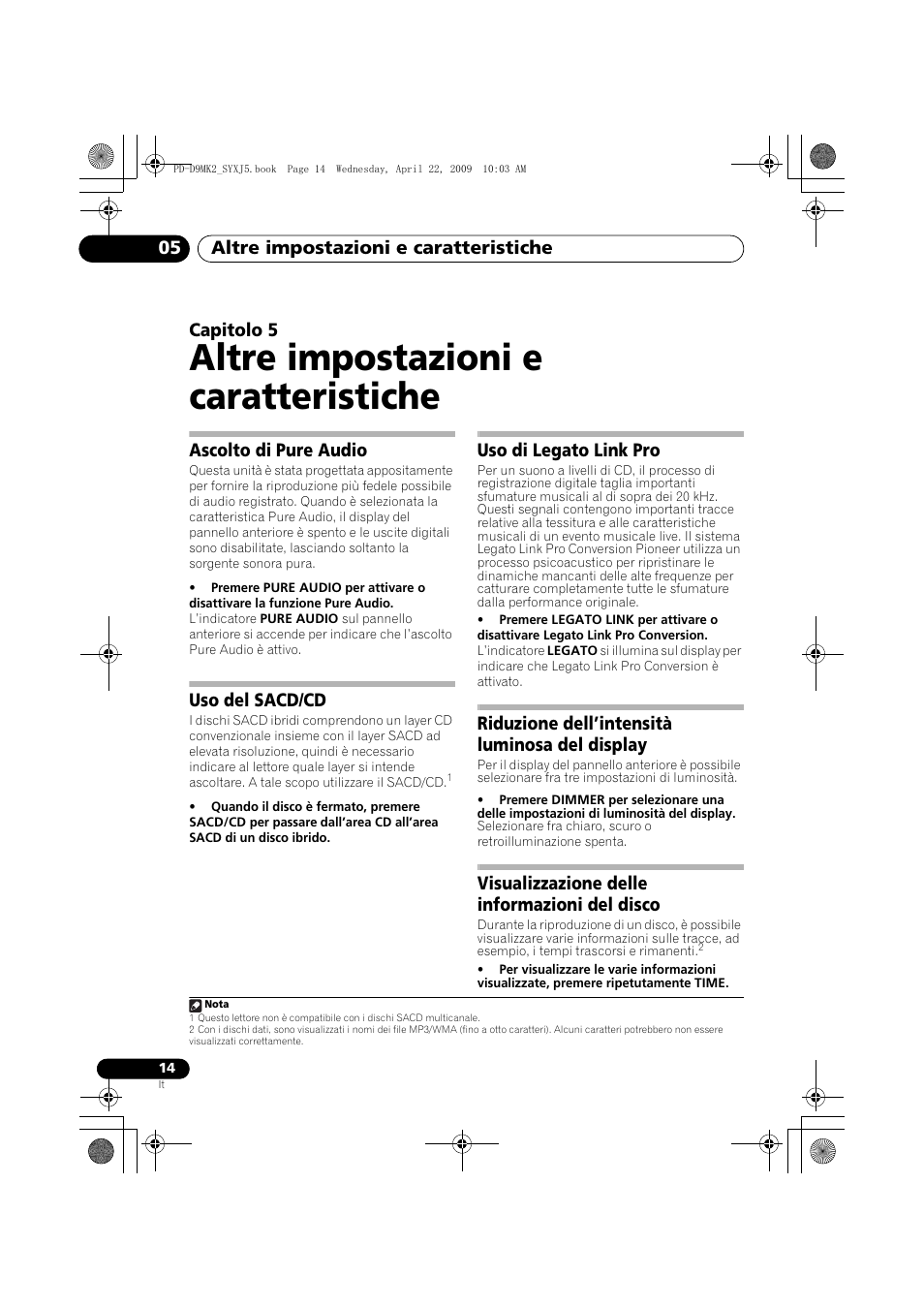 Ascolto di pure audio, Uso del sacd/cd, Uso di legato link pro | Riduzione dell’intensità luminosa del display, Visualizzazione delle informazioni del disco, Altre impostazioni e caratteristiche, Altre impostazioni e caratteristiche 05, Capitolo 5 | Pioneer PD-D9MK2-K User Manual | Page 86 / 128