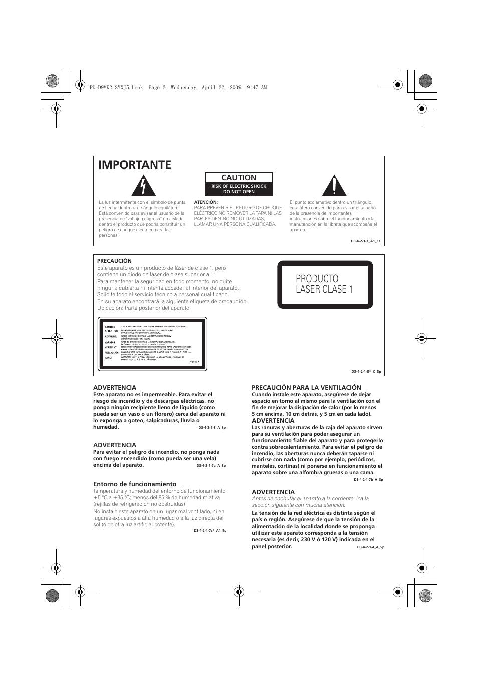 Importante, Producto laser clase 1, Caution | Pioneer PD-D9MK2-K User Manual | Page 92 / 128