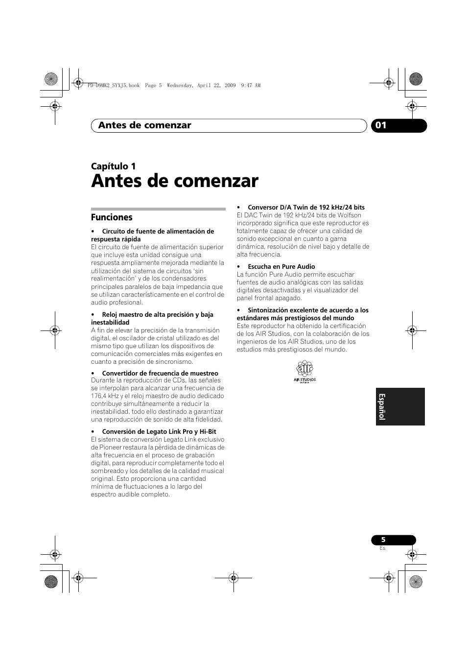 Funciones, Antes de comenzar, Antes de comenzar 01 | Capítulo 1 | Pioneer PD-D9MK2-K User Manual | Page 95 / 128