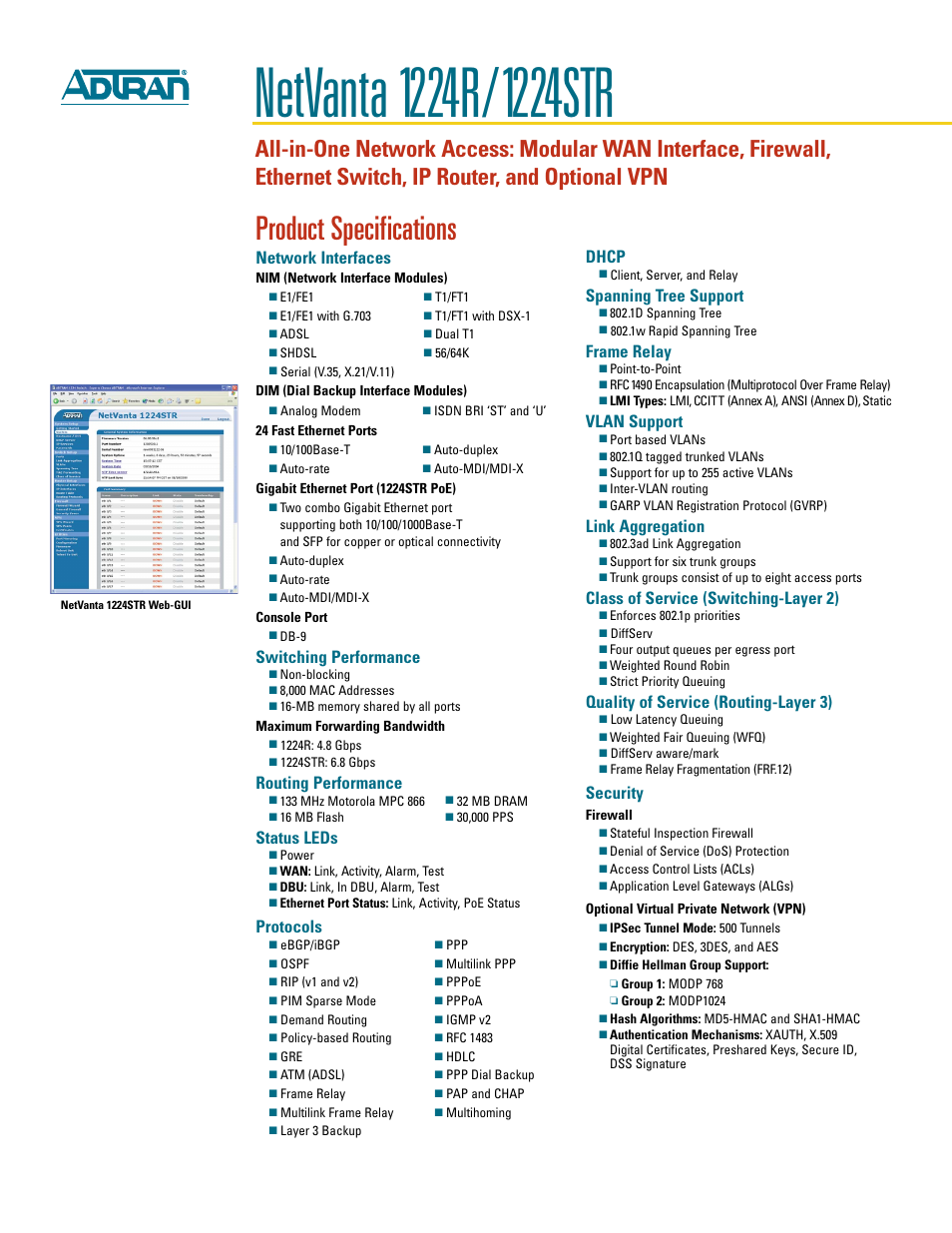 Product specifications, Network interfaces, Switching performance | Routing performance, Status leds, Protocols, Dhcp, Spanning tree support, Frame relay, Vlan support | ADTRAN NetVanta 1224STR User Manual | Page 2 / 4