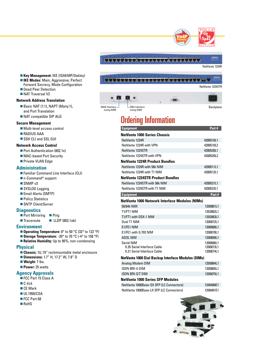 Ordering information, Administration, Diagnostics | Environment, Physical, Agency approvals | ADTRAN NetVanta 1224STR User Manual | Page 3 / 4