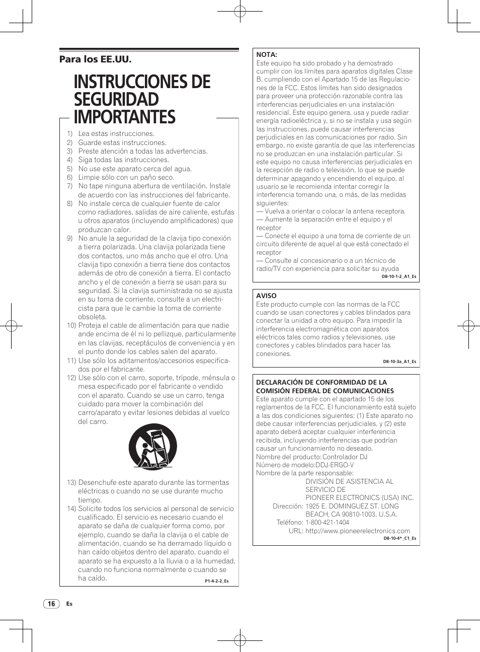 Instrucciones de seguridad importantes, Para los ee.uu | Pioneer DDJ-ERGO-V User Manual | Page 16 / 28