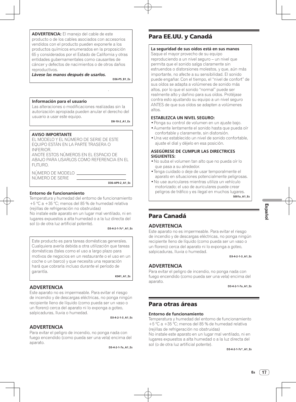 Para ee.uu. y canadá, Para canadá, Para otras áreas | Advertencia | Pioneer DDJ-ERGO-V User Manual | Page 17 / 28
