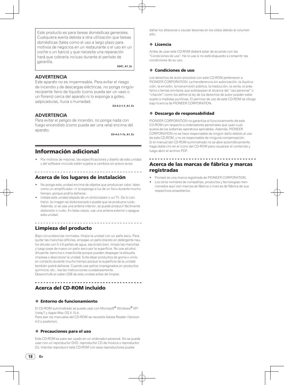 Información adicional, Advertencia, Acerca de los lugares de instalación | Limpieza del producto, Acerca del cd-rom incluido | Pioneer DDJ-ERGO-V User Manual | Page 18 / 28