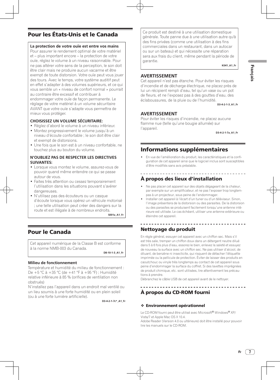 Pour les états-unis et le canada, Pour le canada, Informations supplémentaires | Avertissement, À propos des lieux d’installation, Nettoyage du produit, À propos du cd-rom fourni | Pioneer DDJ-ERGO-V User Manual | Page 7 / 28