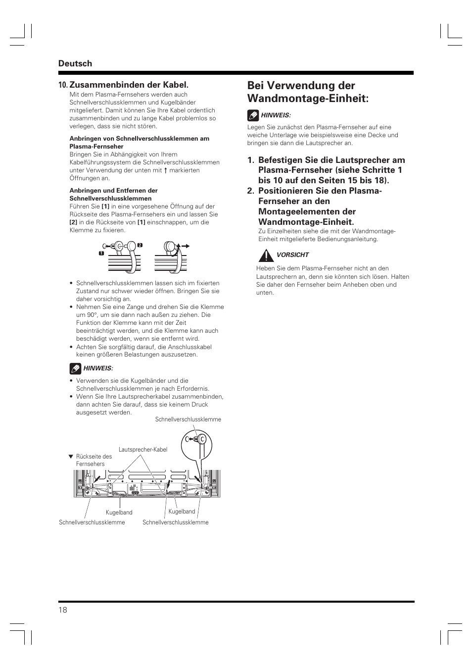 Bei verwendung der wandmontage-einheit, Deutsch, Zusammenbinden der kabel | Pioneer PDP-S61 User Manual | Page 18 / 44