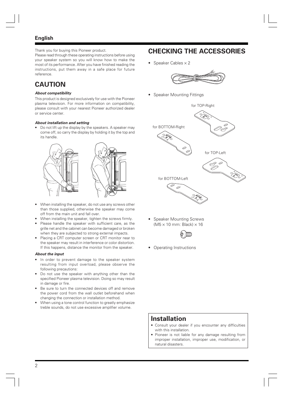 Caution, Installation, Checking the accessories | English | Pioneer PDP-S61 User Manual | Page 2 / 44