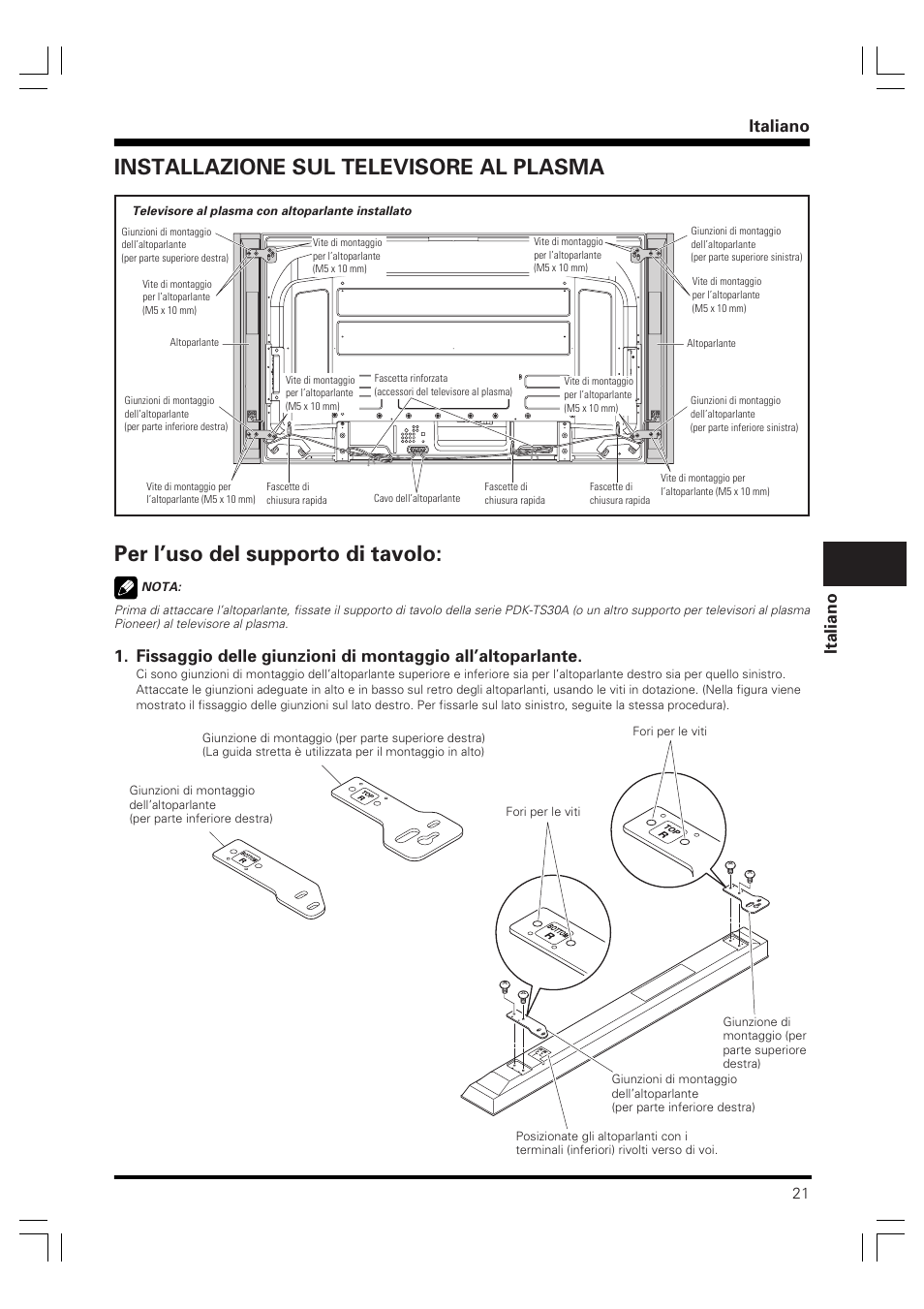 Istruzioni di utilizzo, Sistema di diffusori, Italiano | Pioneer PDP-S61 User Manual | Page 21 / 44