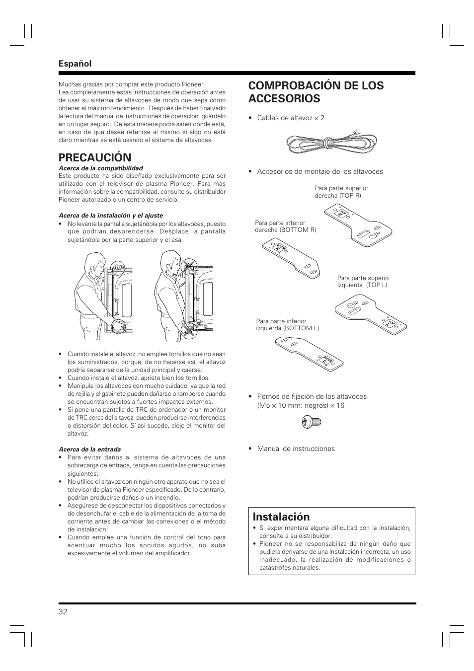 Precaución, Comprobación de los accesorios, Instalación | Español | Pioneer PDP-S61 User Manual | Page 32 / 44