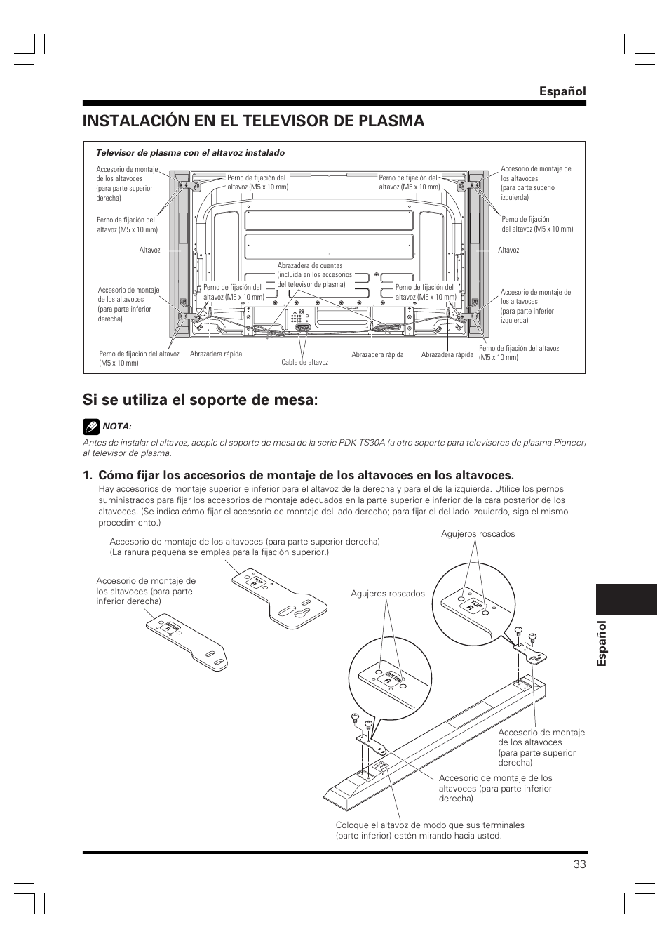 Manual de instrucciones, Sistema de altavoces, Español espa ñ ol | Pioneer PDP-S61 User Manual | Page 33 / 44