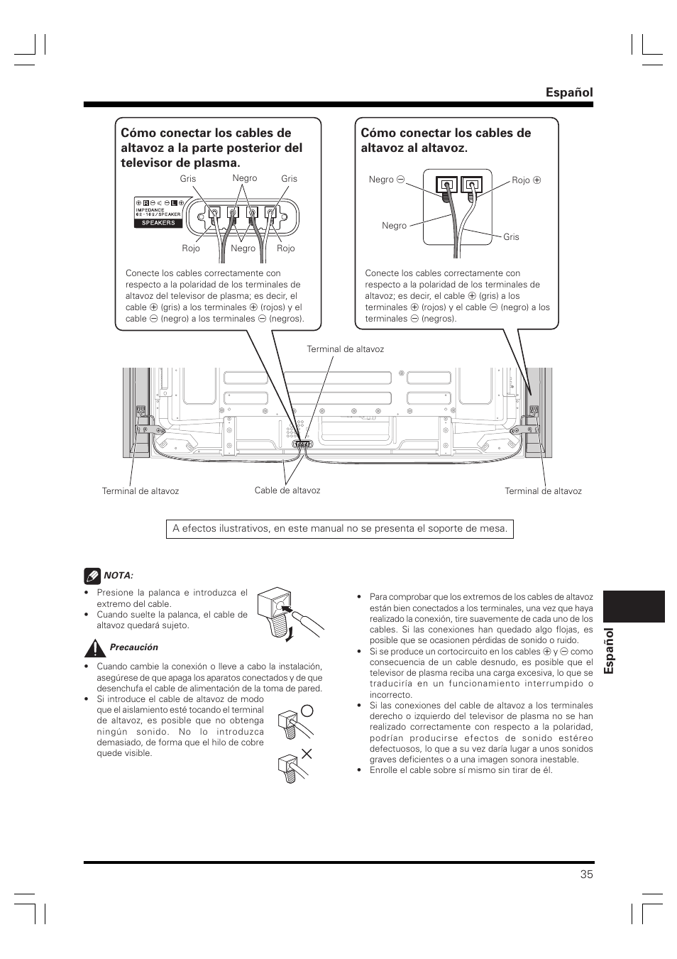 Español espa ñ ol, Cómo conectar los cables de altavoz al altavoz | Pioneer PDP-S61 User Manual | Page 35 / 44