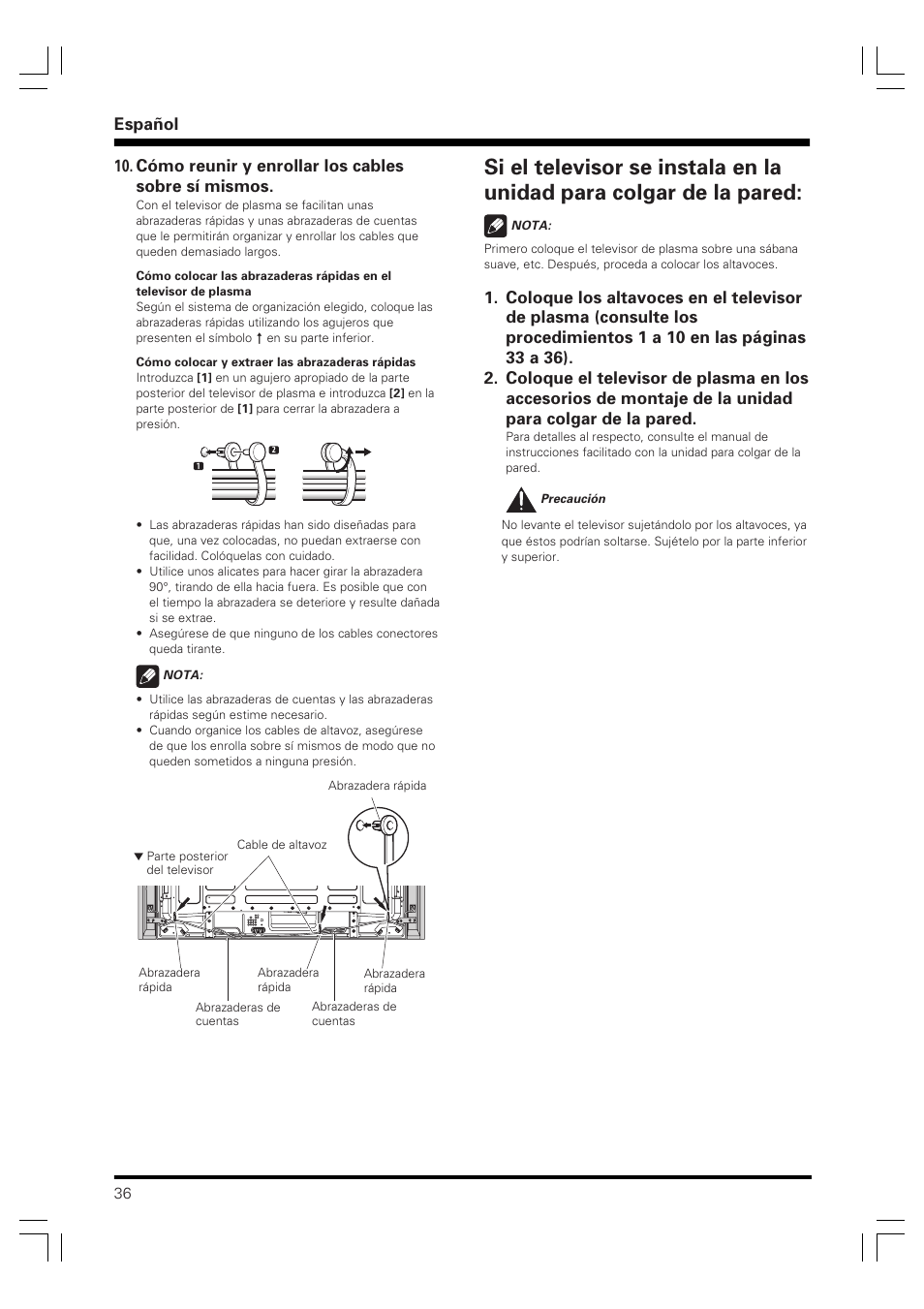 Español, Cómo reunir y enrollar los cables sobre sí mismos | Pioneer PDP-S61 User Manual | Page 36 / 44