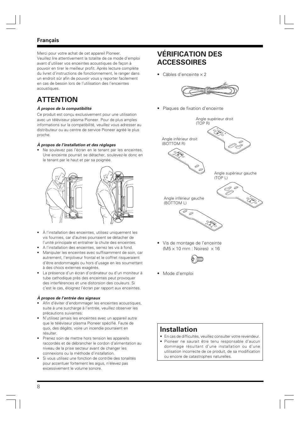 Attention, Vérification des accessoires, Installation | Français | Pioneer PDP-S61 User Manual | Page 8 / 44