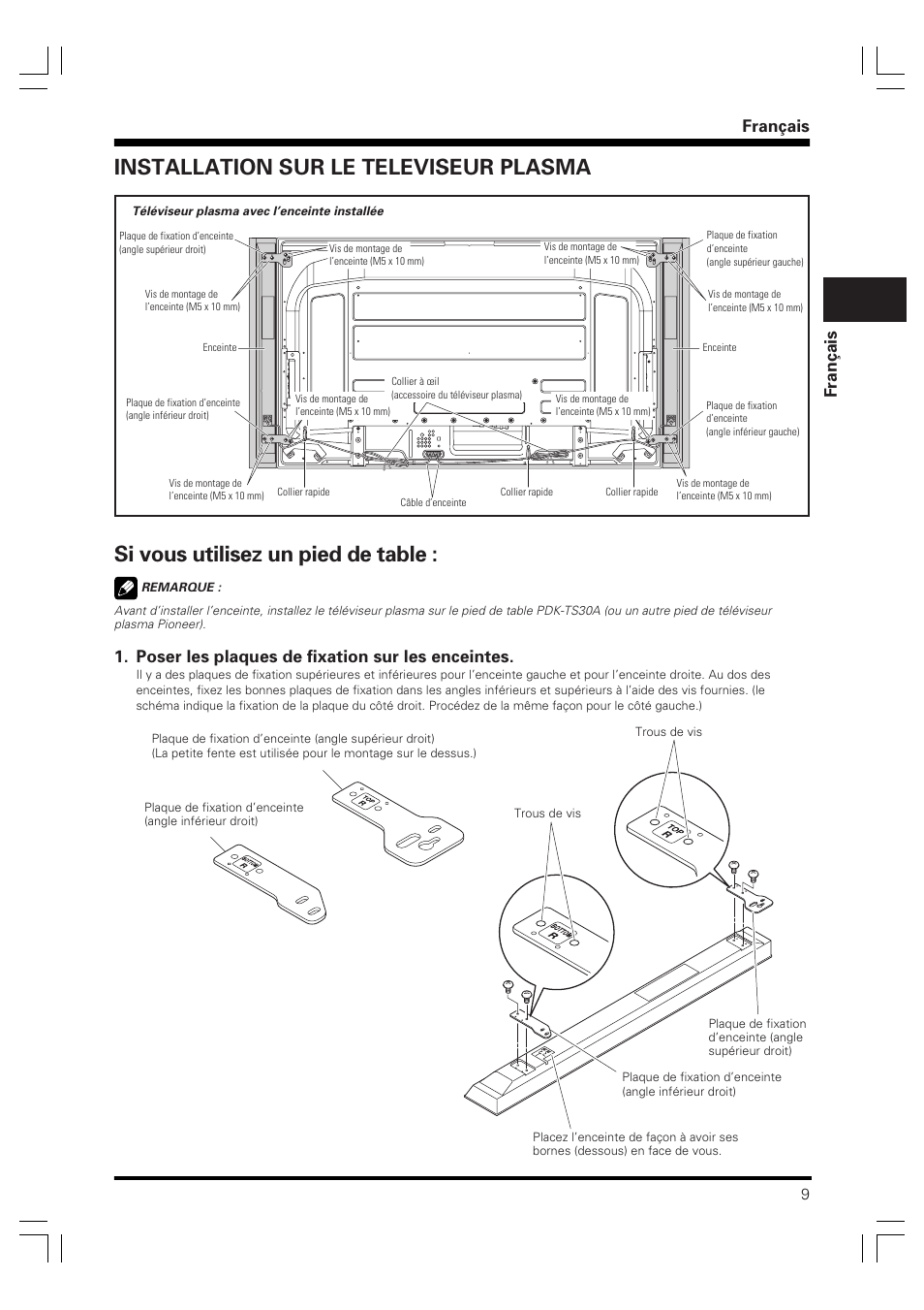 Mode d’emploi, Enceintes acoustiques, Français fran ç ais | Poser les plaques de fixation sur les enceintes | Pioneer PDP-S61 User Manual | Page 9 / 44