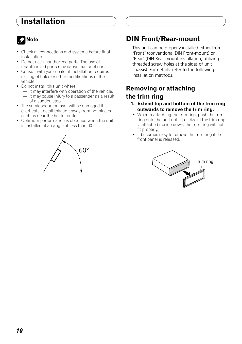 Installation, Din front/rear-mount, Removing or attaching the trim ring | Pioneer DEX-P99RS User Manual | Page 10 / 99