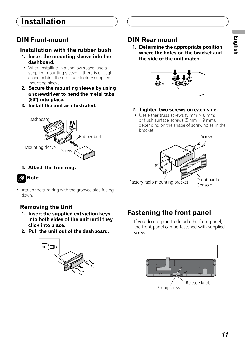 Din front-mount din rear mount, Fastening the front panel, Installation | Din front-mount, Din rear mount | Pioneer DEX-P99RS User Manual | Page 11 / 99