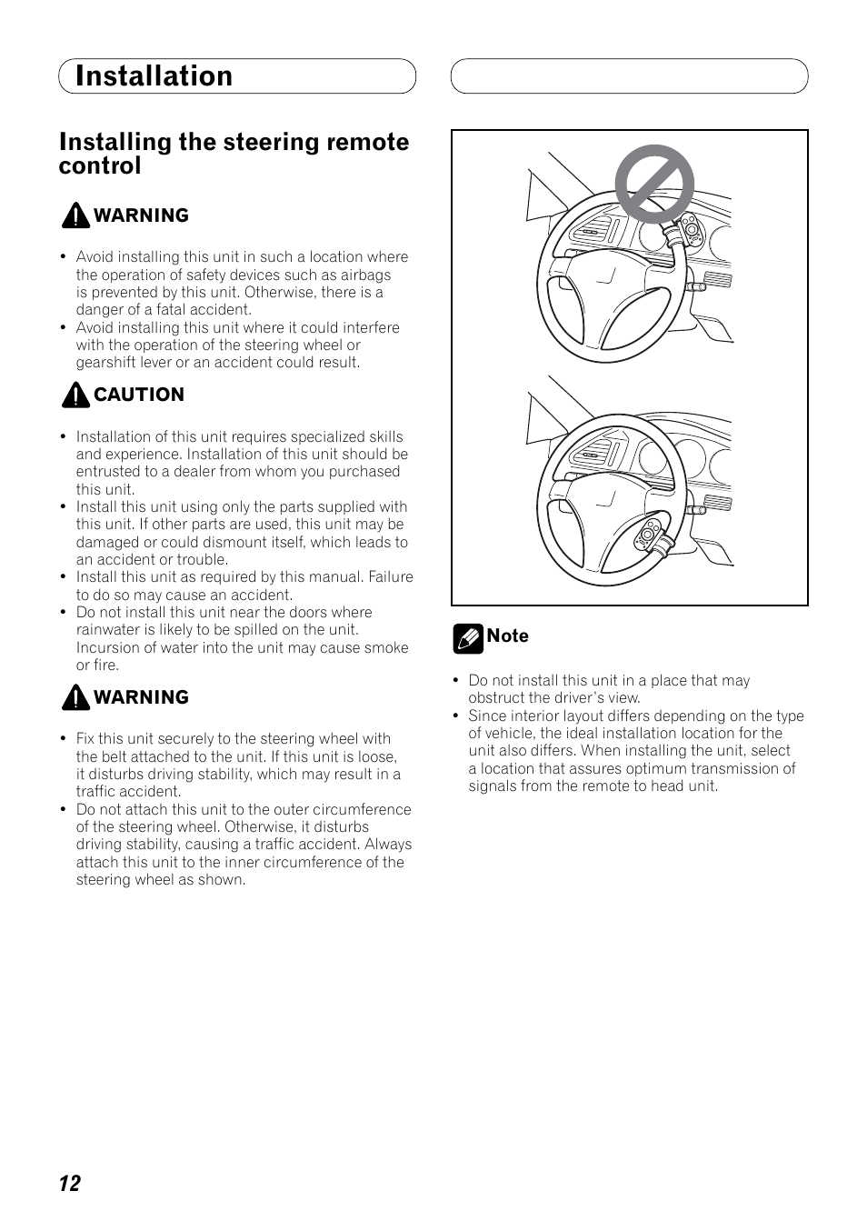 Installing the steering remote control, Installation | Pioneer DEX-P99RS User Manual | Page 12 / 99