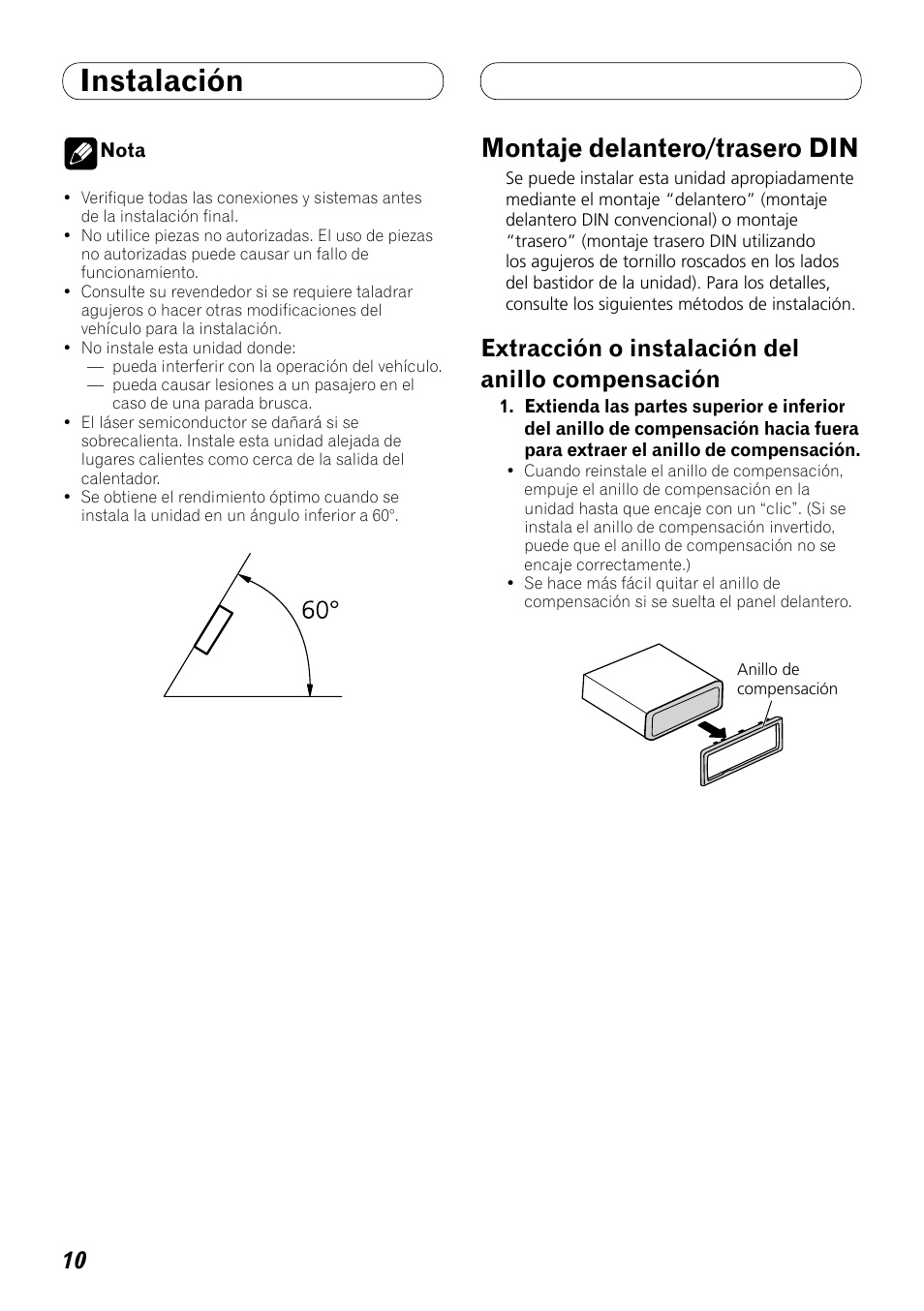 Instalación, Montaje delantero/trasero din, Extracción o instalación del anillo compensación | Pioneer DEX-P99RS User Manual | Page 24 / 99