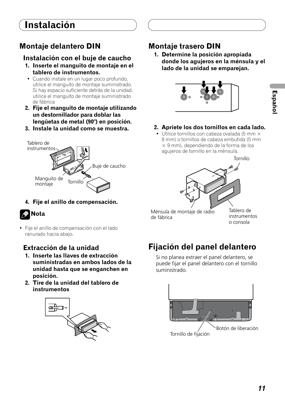 Montaje delantero din montaje trasero din, Fijación del panel delantero, Instalación | Montaje delantero din, Montaje trasero din | Pioneer DEX-P99RS User Manual | Page 25 / 99