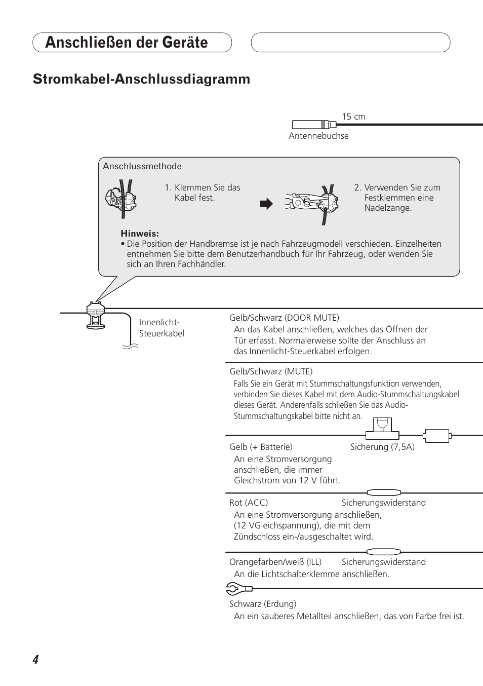 Anschließen der geräte, Stromkabel-anschlussdiagramm | Pioneer DEX-P99RS User Manual | Page 32 / 99