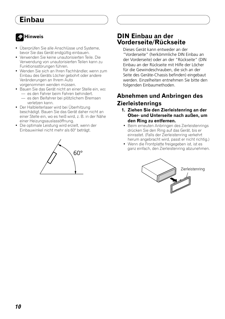 Einbau, Din einbau an der vorderseite/rückseite, Abnehmen und anbringen des zierleistenrings | Pioneer DEX-P99RS User Manual | Page 38 / 99