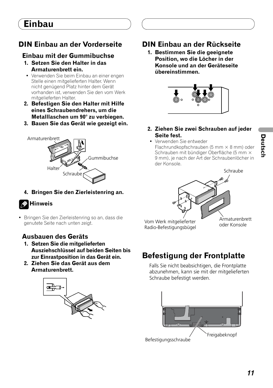 Befestigung der frontplatte, Einbau, Din einbau an der vorderseite | Din einbau an der rückseite | Pioneer DEX-P99RS User Manual | Page 39 / 99