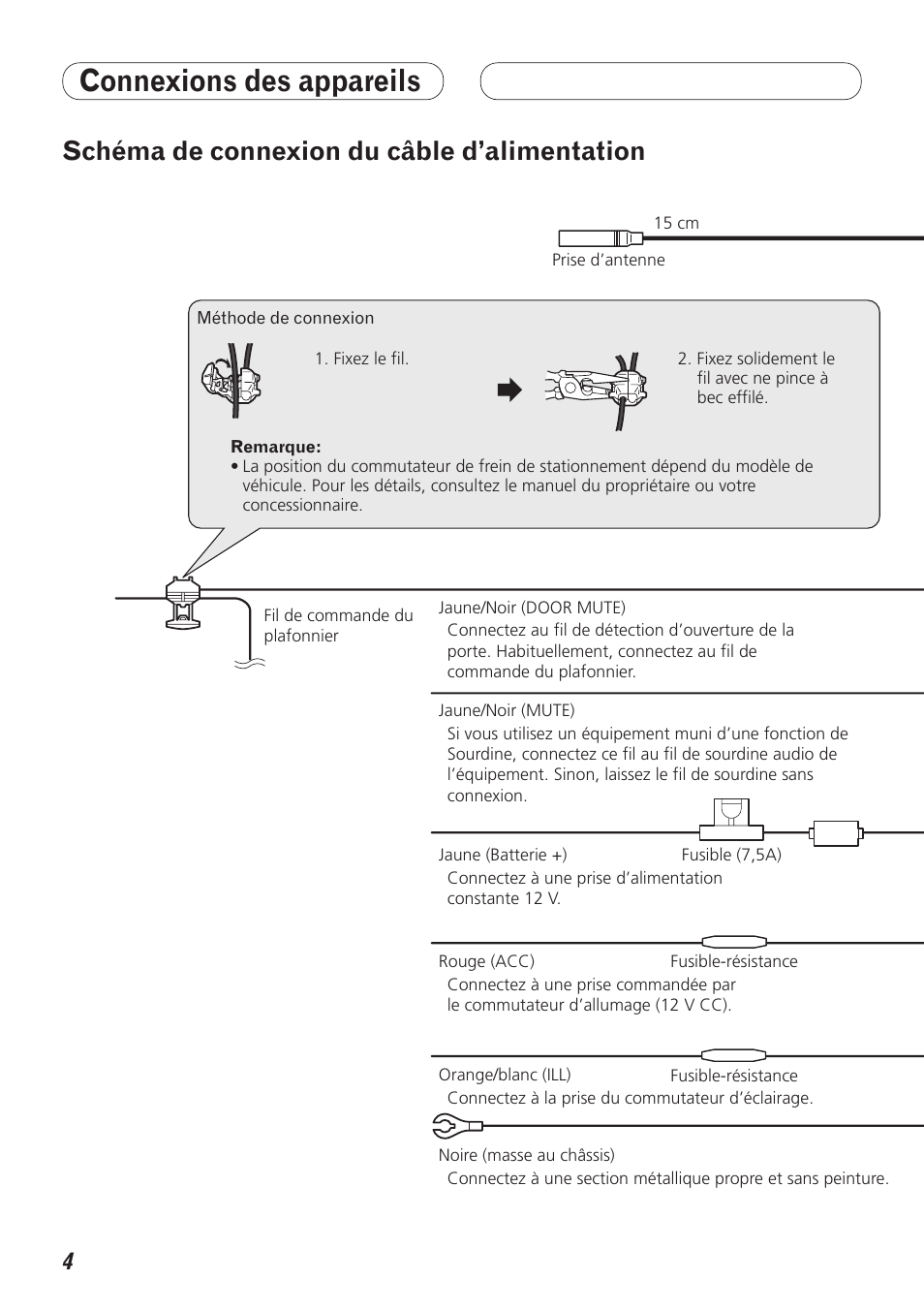 Connexions des appareils, Schéma de connexion du câble d’alimentation | Pioneer DEX-P99RS User Manual | Page 46 / 99