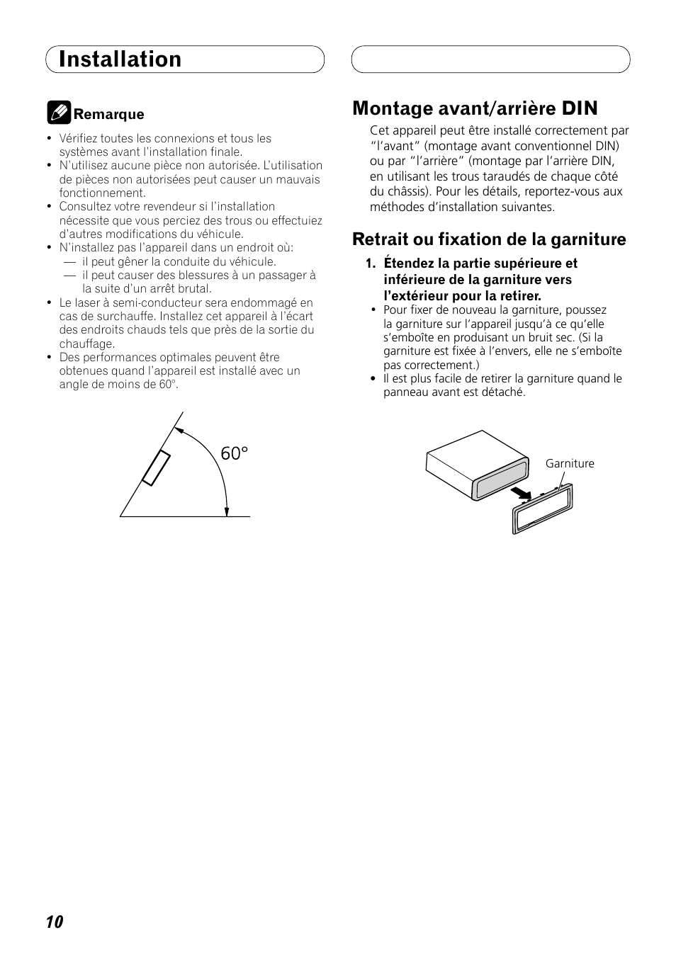 Installation, Montage avant/arrière din, Retrait ou fixation de la garniture | Pioneer DEX-P99RS User Manual | Page 52 / 99