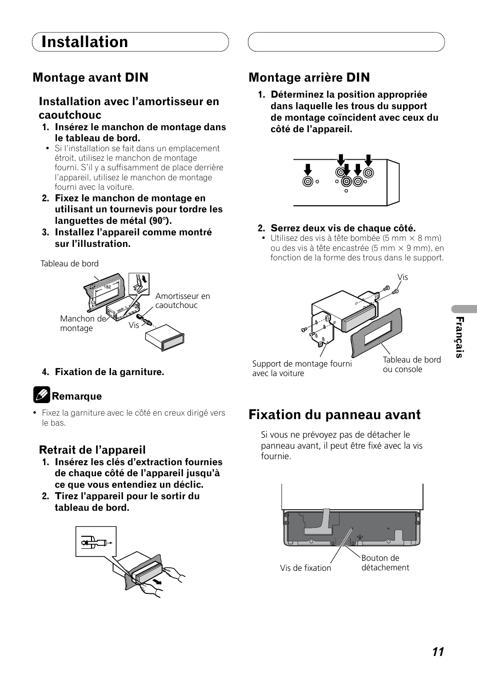 Montage avant din montage arrière din, Fixation du panneau avant, Installation | Montage avant din, Montage arrière din | Pioneer DEX-P99RS User Manual | Page 53 / 99