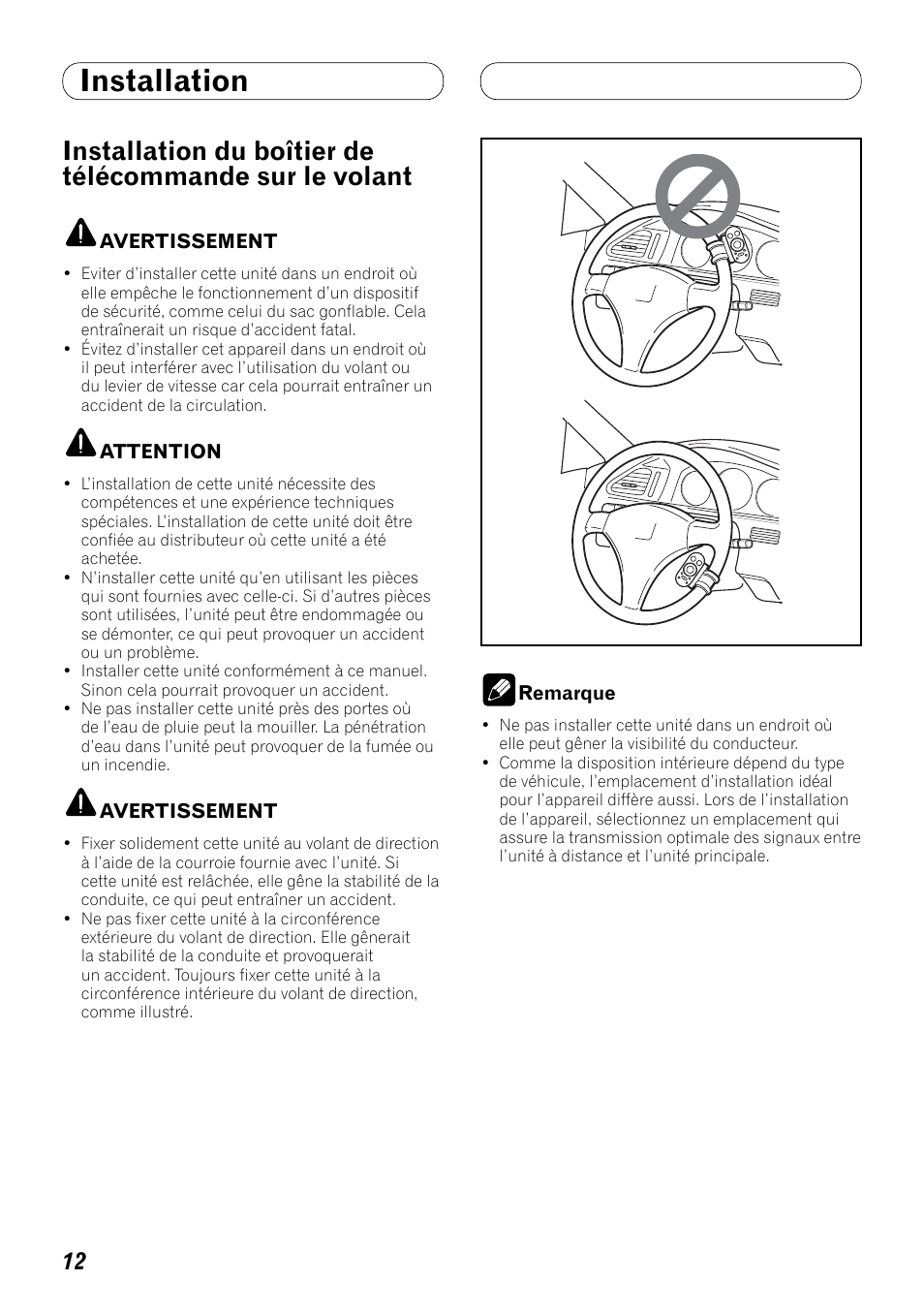 Installation du boîtier de télécommande, Sur le volant, Installation | Pioneer DEX-P99RS User Manual | Page 54 / 99